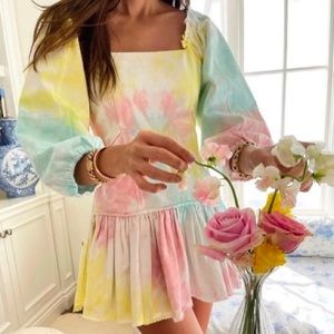 NWT LOVESHACKFANCY Chai frayed tie-dyed cotton-blend twill mini dress